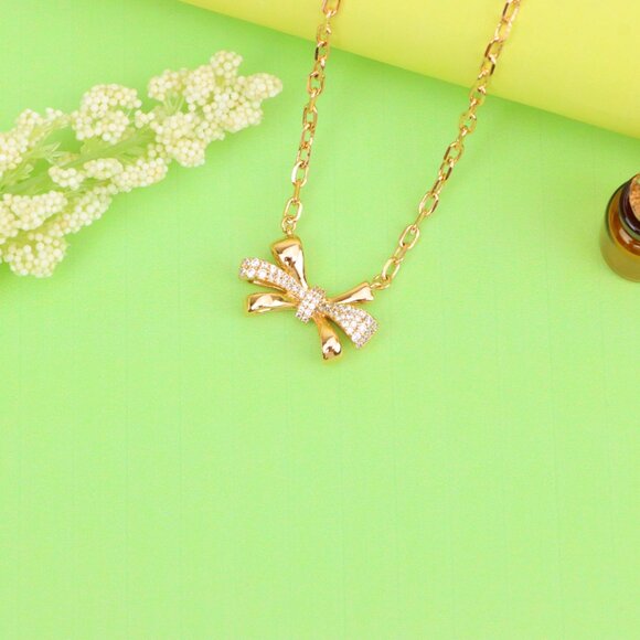 "Elegant Bow Rose Gold Necklace with Sparkling Crystal Detailing, XPNL1876 - Picture 2 of 12